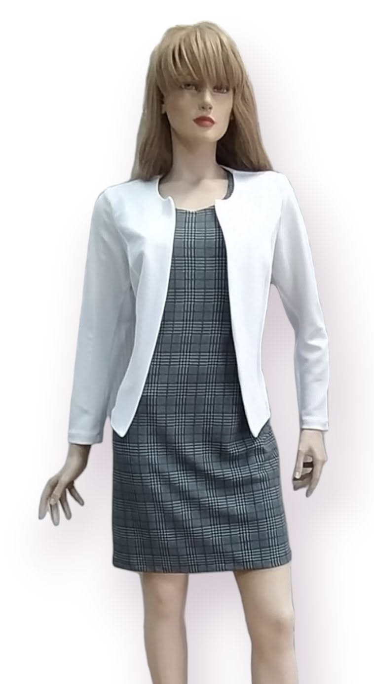 Conjunto Vestido Cuadros Gris + Torera Blanca