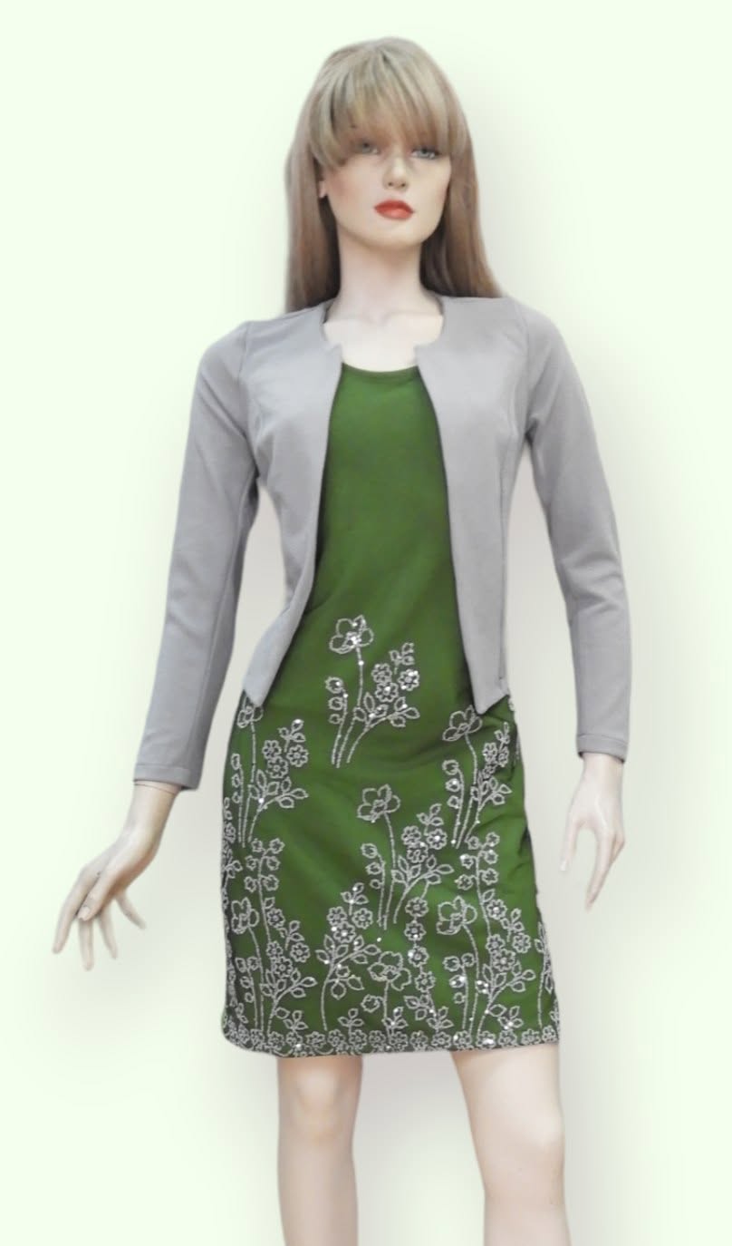 Conjunto Vestido Verde + Torera Gris