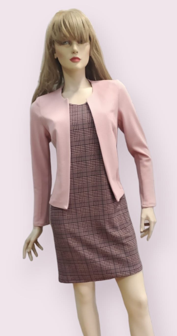 Conjunto Vestido Cuadros + Torera Rosa