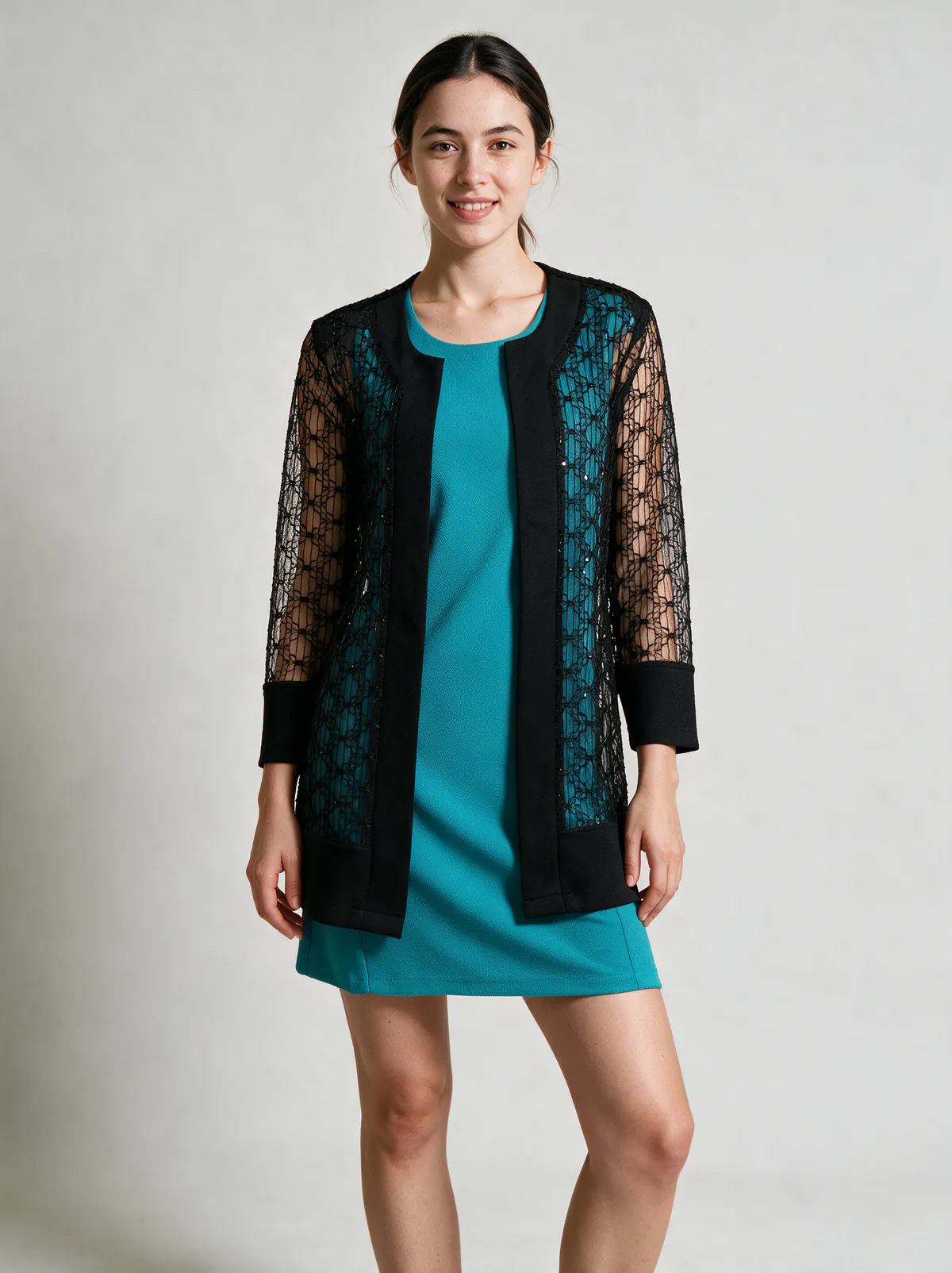 Conjunto Vestido Turquesa + Chaqueta Larga