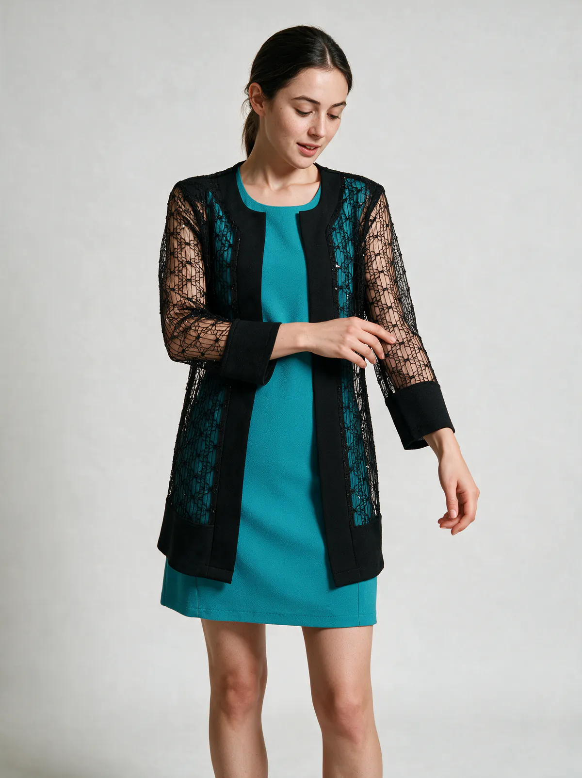 Conjunto Vestido Turquesa + Chaqueta Larga — foto 2