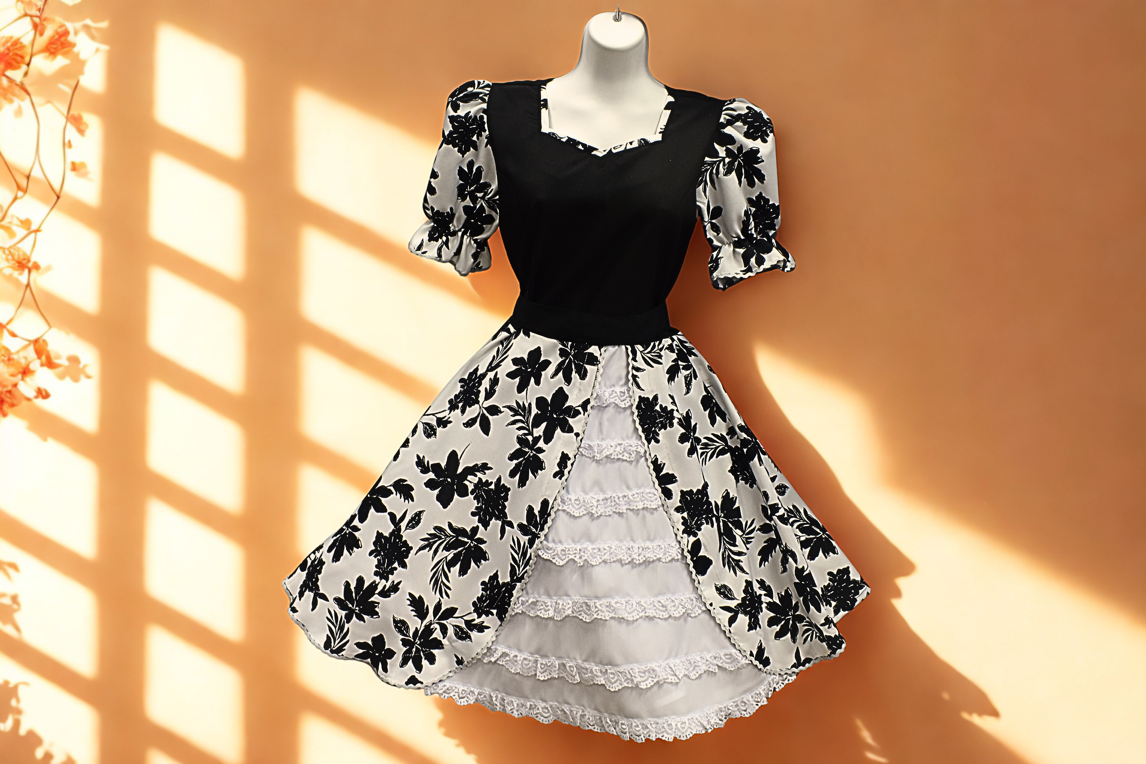 Vestido de Huasa Blanco Flores Negras